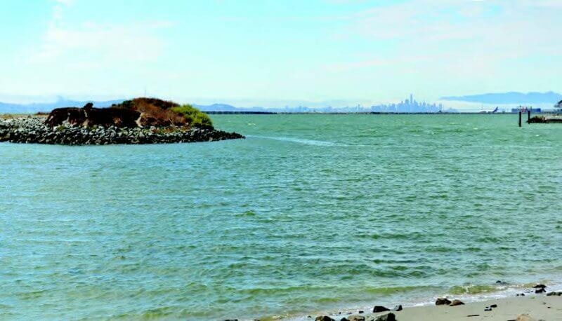 A scenic view of a bay with a rocky shoreline, distant city skyline, and calm waters under a clear sky.