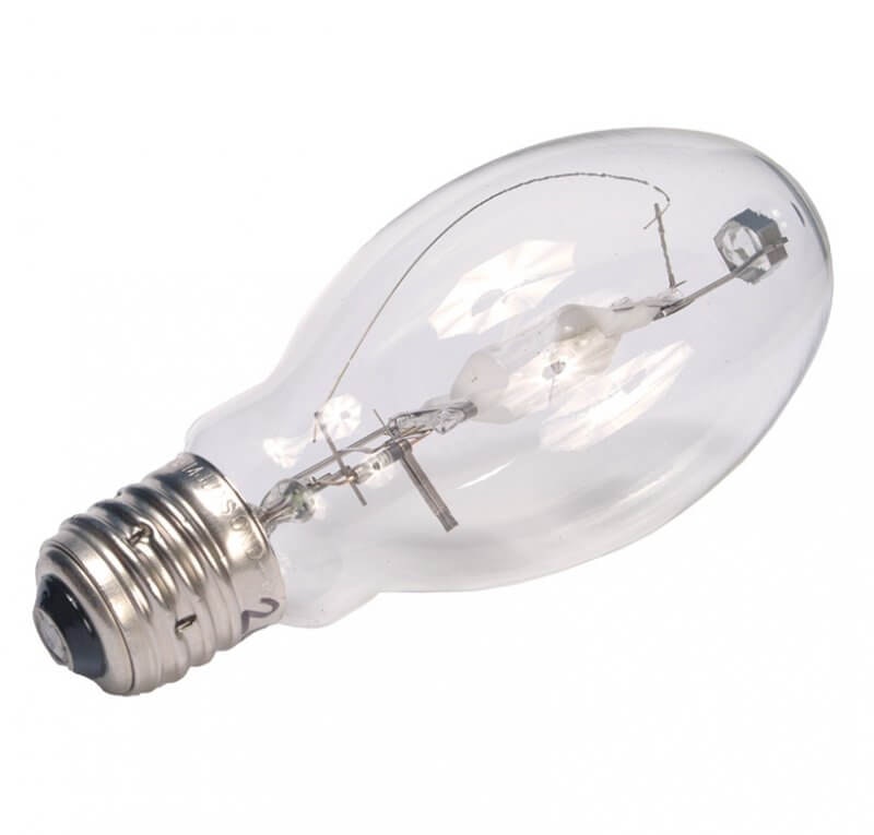 A clear metal halide light bulb with a screw base.