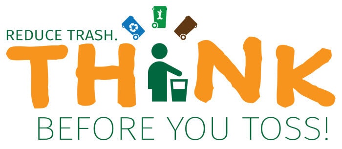 "Reduce Trash. Think Before You Toss!" with recycling bins and a figure throwing trash.