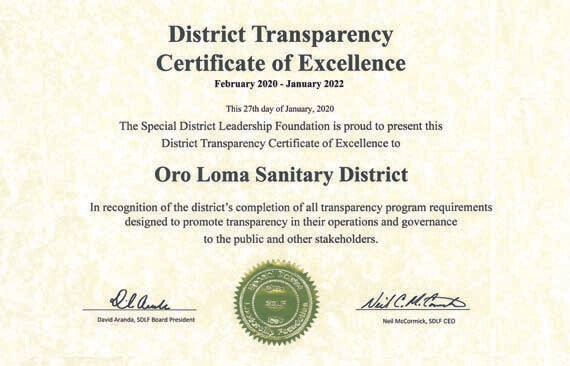 District Transparency Certificate of Excellence awarded to Oro Loma Sanitary District for transparency program completion, valid 2020-2022.