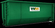 A large green dumpster with a "WM" logo on the side.