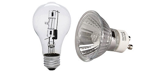 A clear incandescent light bulb and a halogen spotlight bulb are shown.