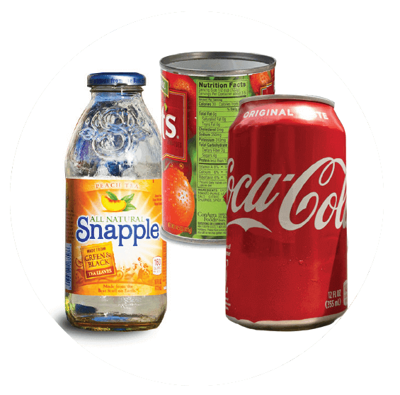 Snapple bottle, can of beans, and Coca-Cola can.