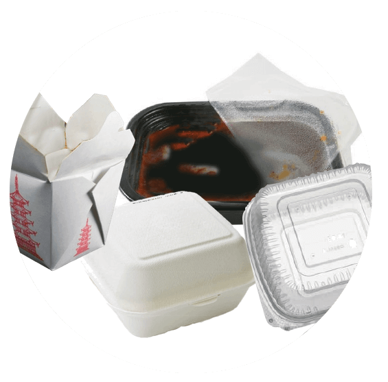Assorted takeout containers, including cardboard, plastic, and foam, some open with visible food remnants.