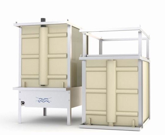 3D-rendered image of two white, doorless elevator cars with partial enclosures.
