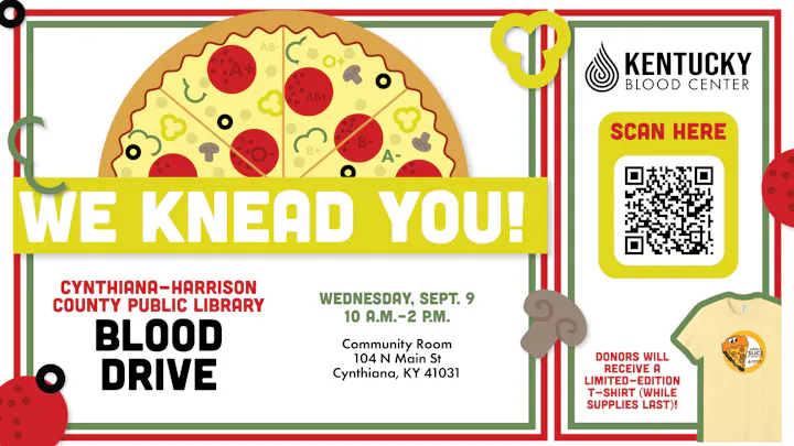Join the blood drive at the Cynthiana-Harrison County Library on Sept. 9 from 10 AM-2 PM. Donors get a free T-shirt!