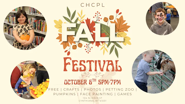 Fall Festival on October 6th from 5 PM to 7 PM: free crafts, petting zoo, pumpkins, face painting, and games in Cynthiana, KY.
