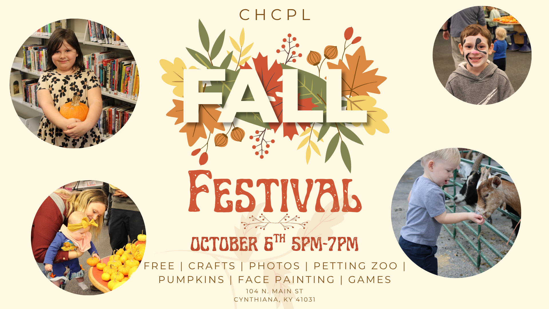 Fall Festival on October 6th from 5 PM to 7 PM: free crafts, petting zoo, pumpkins, face painting, and games in Cynthiana, KY.