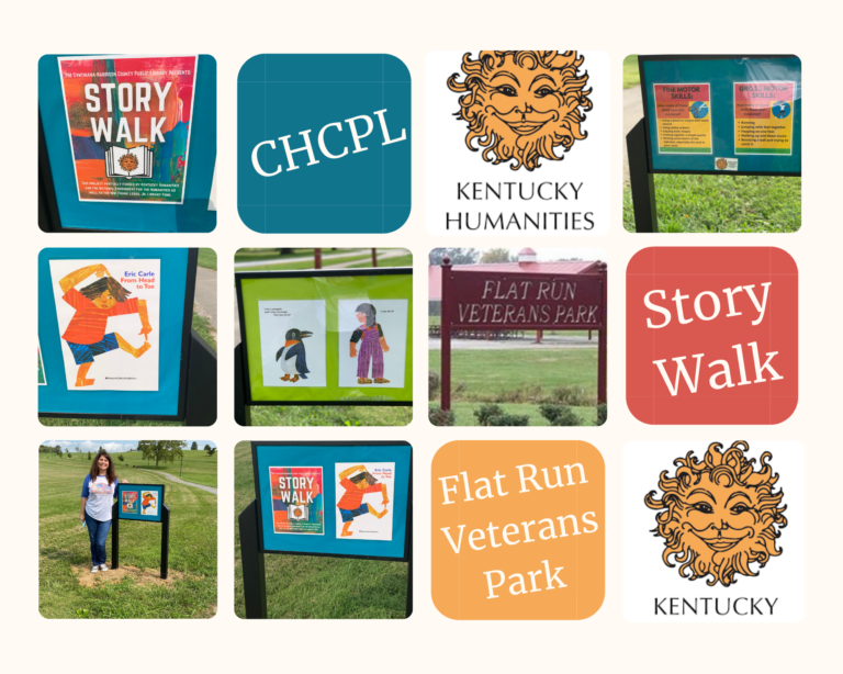 Story Walk at Flat Run Veterans Park, featuring Eric Carle. Includes logos for CHCPL and Kentucky Humanities.