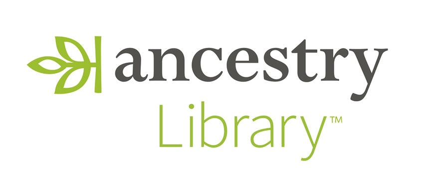 Ancestry Library logo with green leaf motif and text.