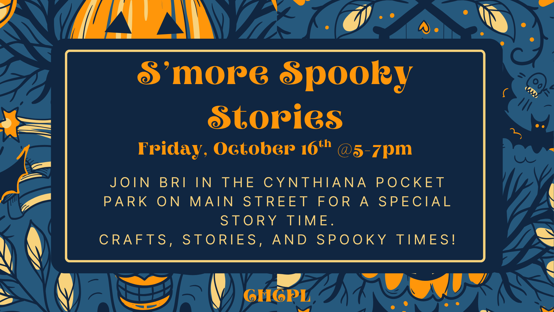 Event for S'more Spooky Stories on October 16 at Cynthia Pocket Park, featuring storytime, crafts, and spooky fun!