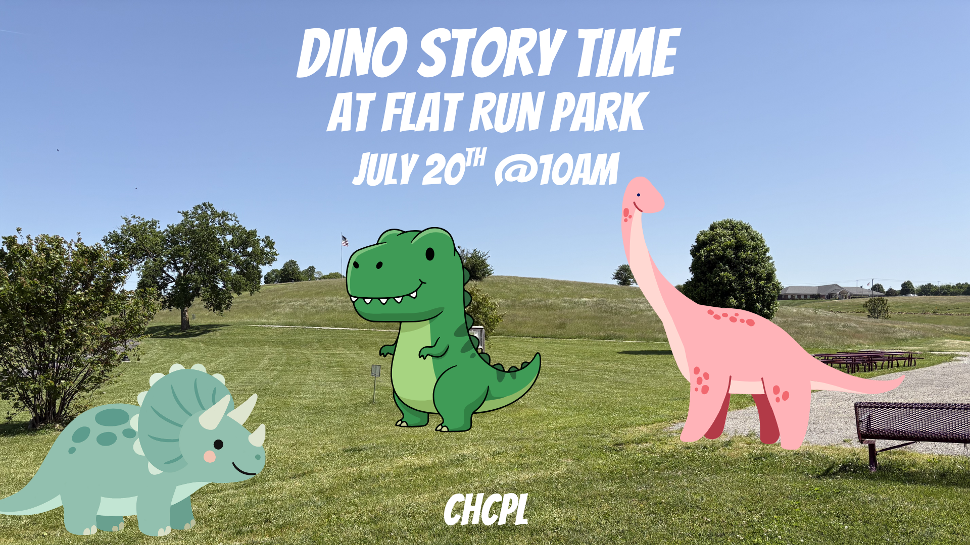 "Dino Story Time" event at Flat Run Park on July 20th at 10 AM, featuring playful dinosaur illustrations.