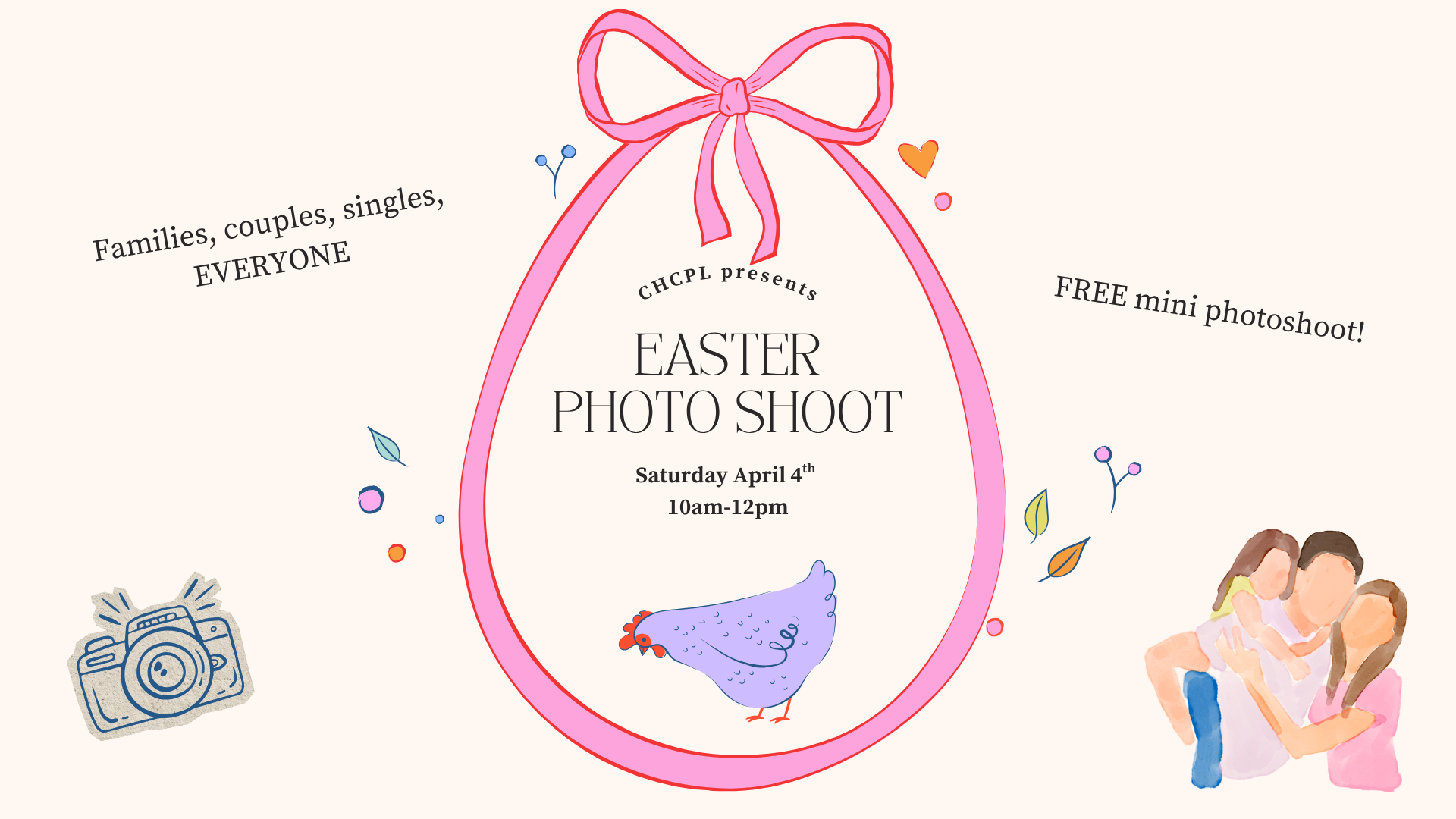 Free Easter photo shoot for families, couples, and singles on April 4th from 10am-12pm. Join in the fun!