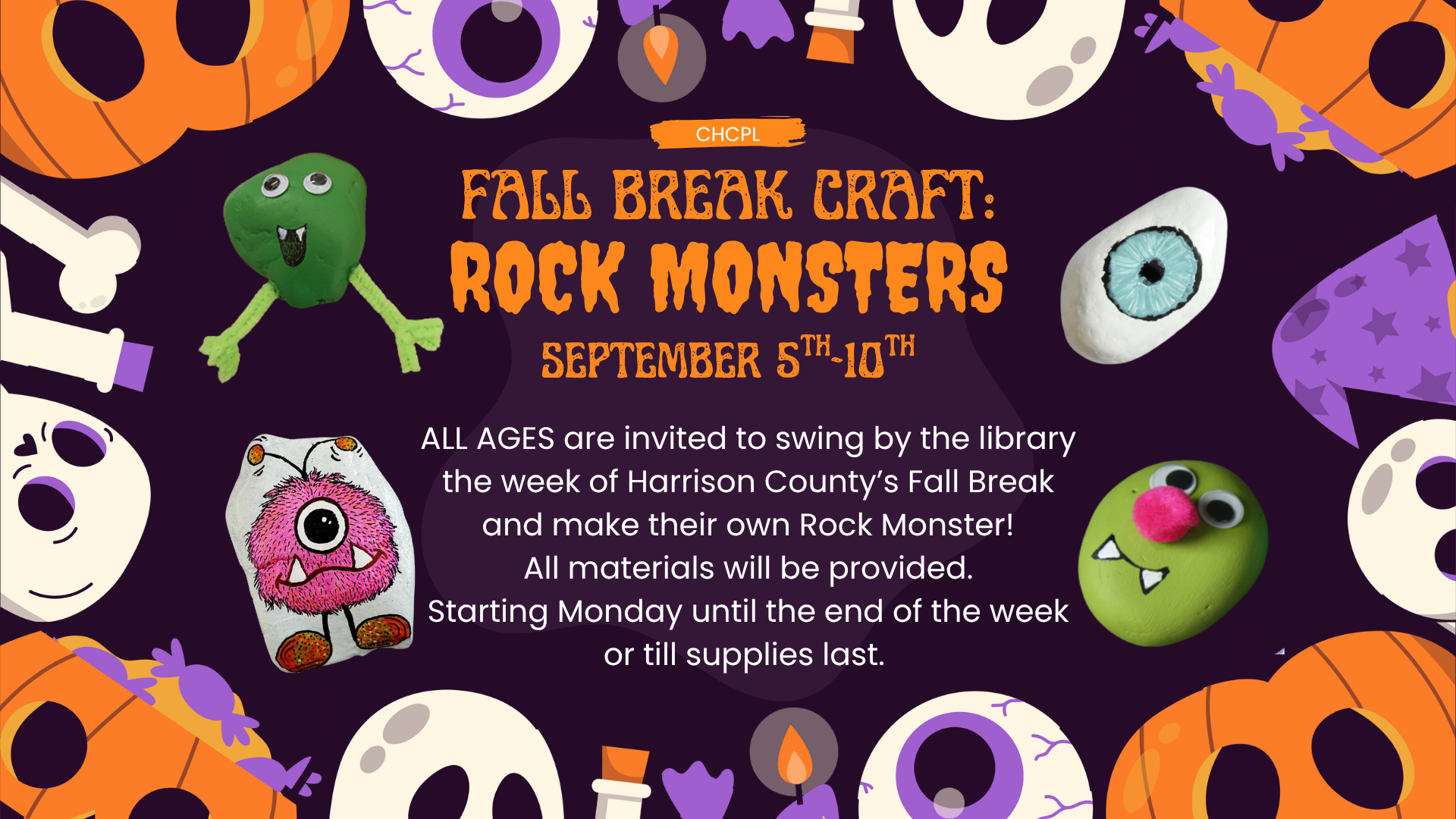 Library invites all ages for a Fall Break craft, "Rock Monsters," from September 5-10. Materials provided!