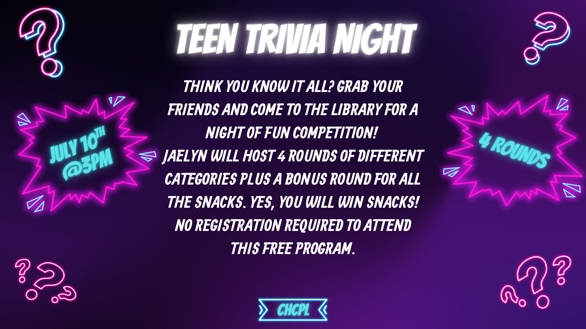 Join the Teen Trivia Night on July 10th at 3 PM at the library! Four rounds of trivia, snacks, no registration needed!