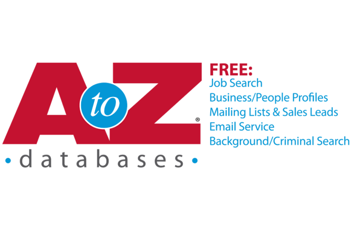 "AZ Databases logo with services: Job Search, Business/People Profiles, Mailing Lists, Email Service, Background/Criminal Search."