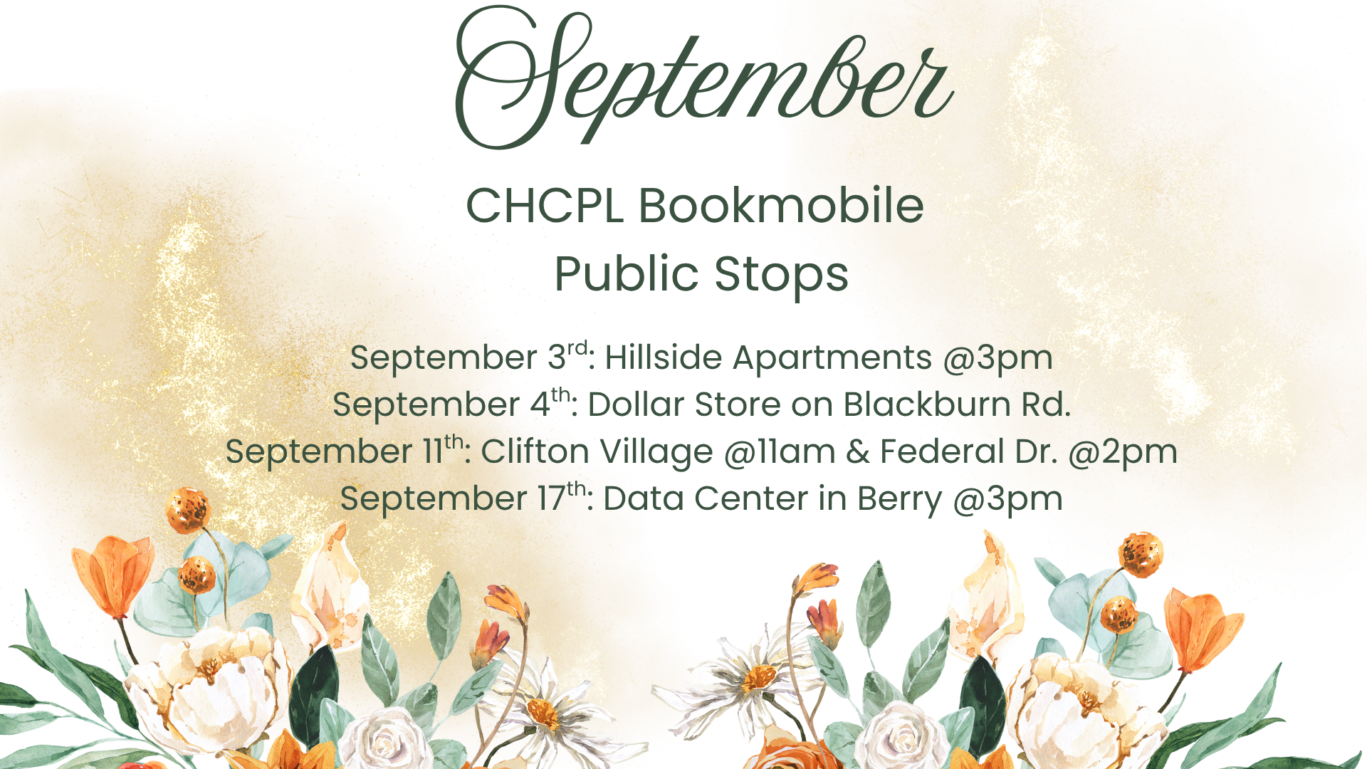 September schedule for CHCPL Bookmobile: Stops at various locations on the 3rd, 4th, 11th, and 17th.