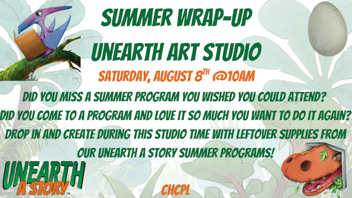 Event at Unearth Art Studio on Aug 8 at 10 AM: create with leftover supplies from summer programs. Join in!