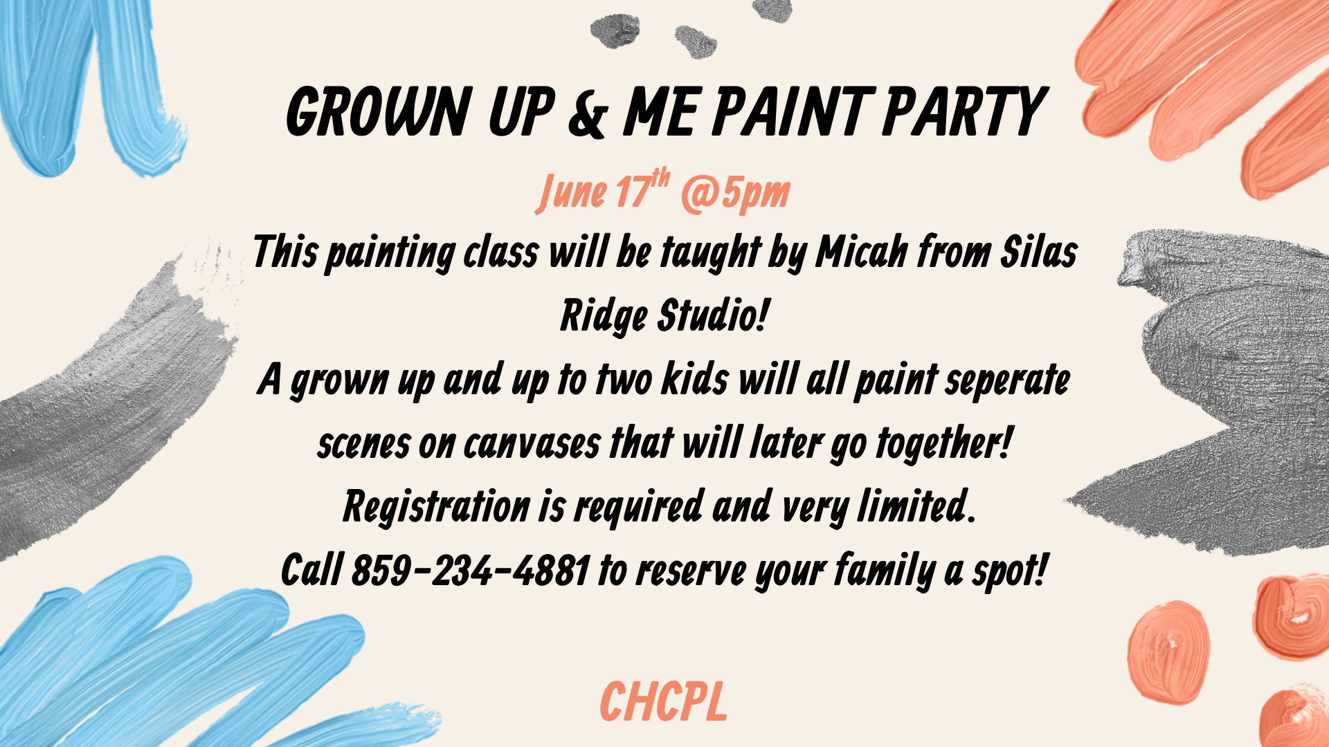 A rown up and up to wo kids can register for this painting session led by Micah from Silas Ridge Studio. Spots are limited.