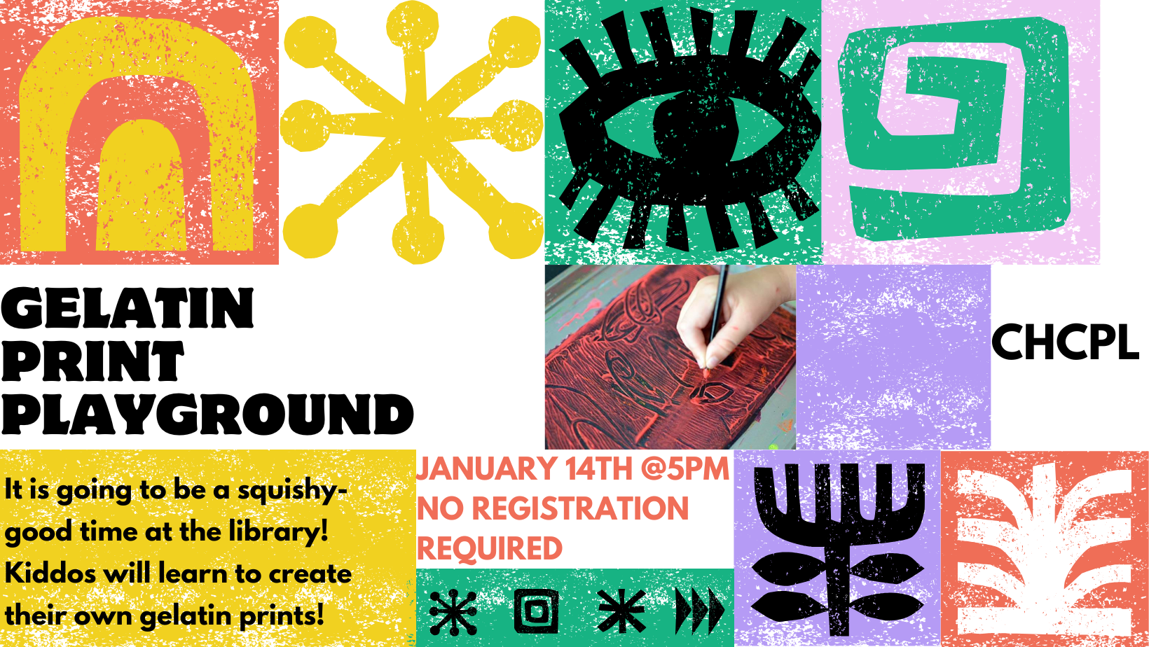 A library event on January 14th at 5 PM for kids to create gelatin prints. No registration needed!