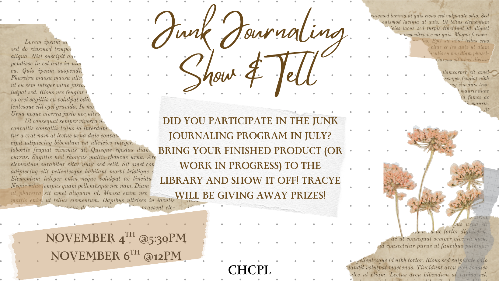 Junk Journaling Show & Tell event happening on Tuesday November 4th at 5:30pm and Thursday November 6th at 12pm. If you attend the Junk jOurnaling program in the summer, bring your finished journal and show it off!