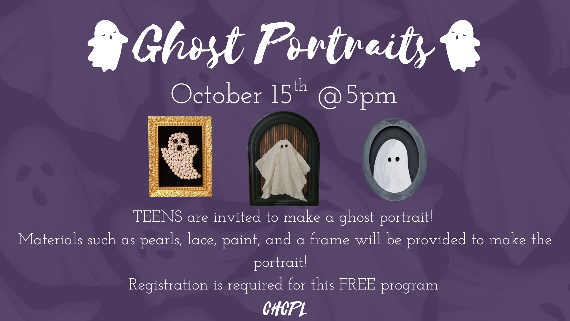 Teens can create ghost portraits on October 15th at 5 PM. Free materials provided; registration required.