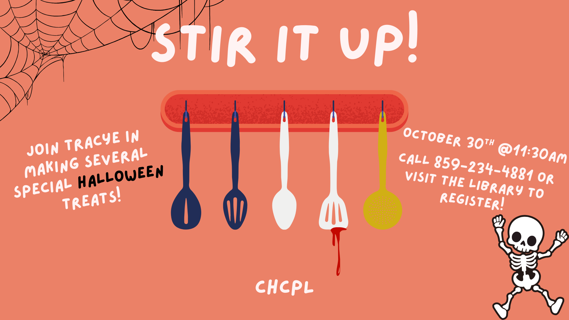 Stir It Up! Join Tracye in making several special Halloween treats. Event on October 30th @11:30 AM. Call 859-234-4881 to register.