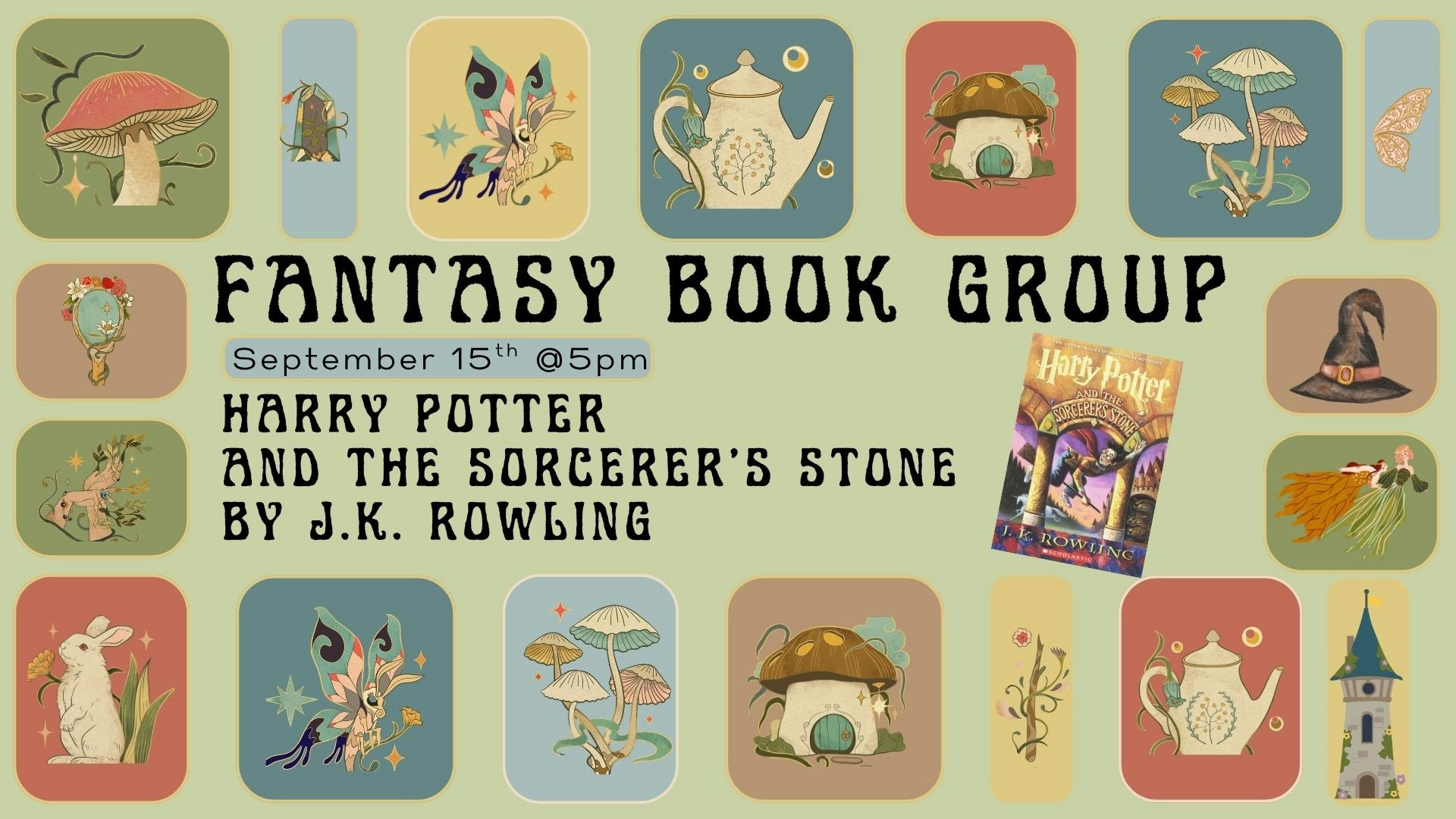 A graphic for a Fantasy Book Group discussing "Harry Potter and the Sorcerer's Stone" by J.K. Rowling on September 15th at 5 PM.