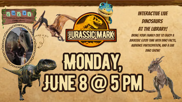 The image promotes a family event at the library featuring interactive live dinosaurs, scheduled for June 8 at 5 PM.