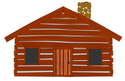A simple wooden log cabin with two windows, a door, and a stone chimney.