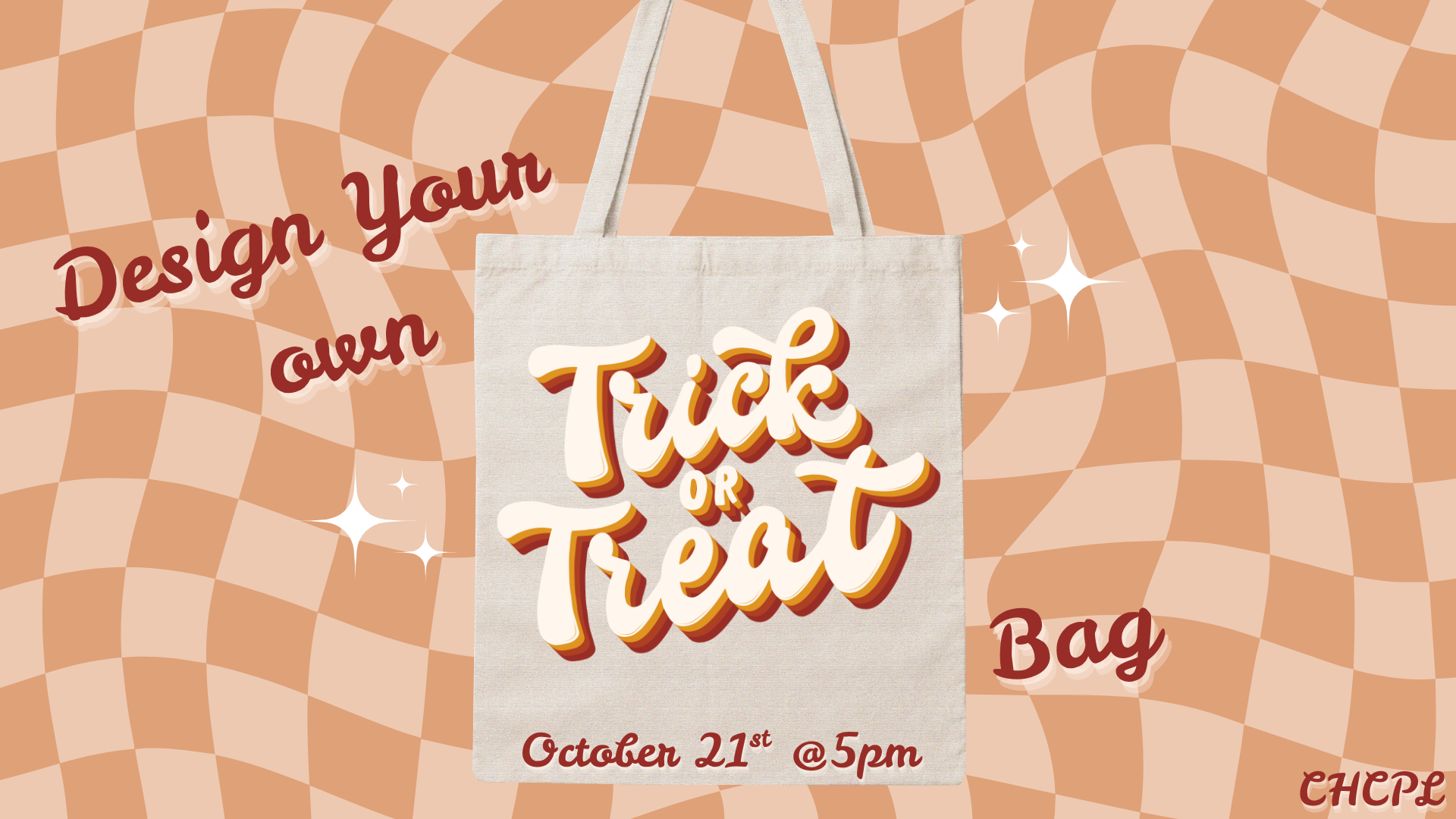 Join us on October 21st at 5 PM to design your own "Trick or Treat" tote bag! Exciting Halloween activity!