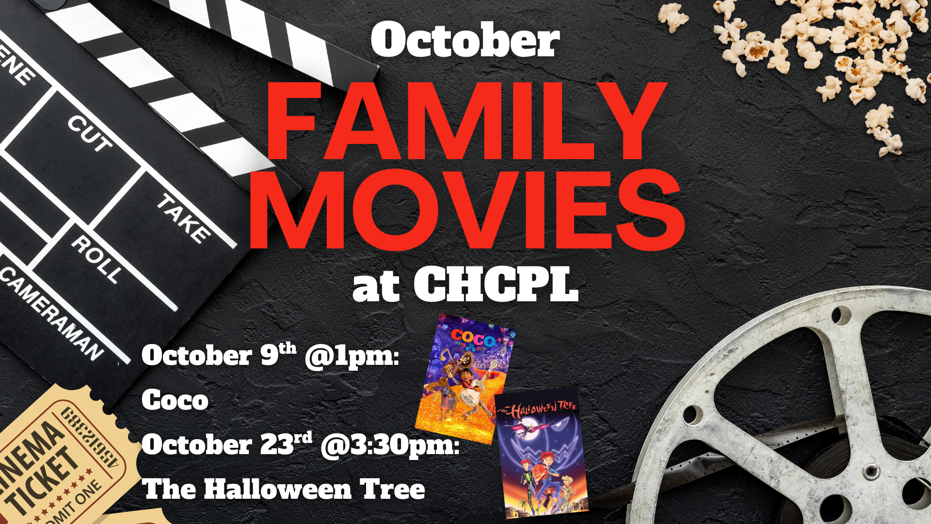Family movie screenings at CHCPL in October: "Coco" on Oct 9 at 1 PM and "The Halloween Tree" on Oct 23 at 3:30 PM.