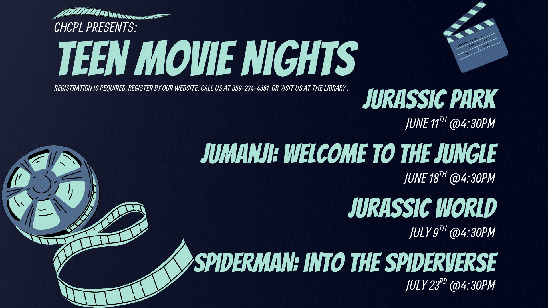 The image promotes "Teen Movie Nights" featuring four movies with specific dates and times. Registration is required to attend.