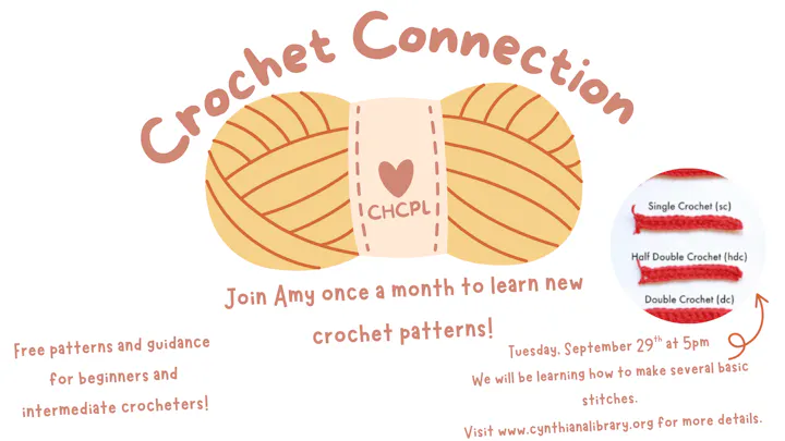Join the Crochet Connection on September 29 at 5 PM to learn new stitches. Free patterns for all skill levels!