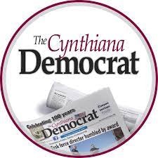 Logo for "The Cynthiana Democrat" newspaper with a rolled-up edition beneath it.