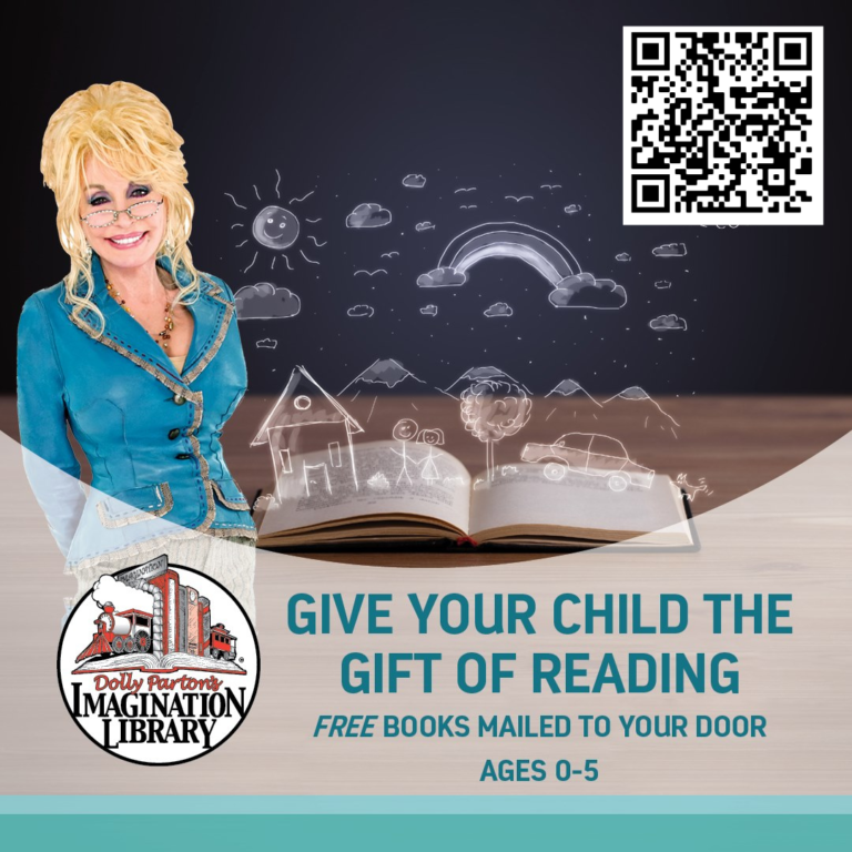 A person promotes Dolly Parton's Imagination Library, offering free books for ages 0-5. Includes QR code.