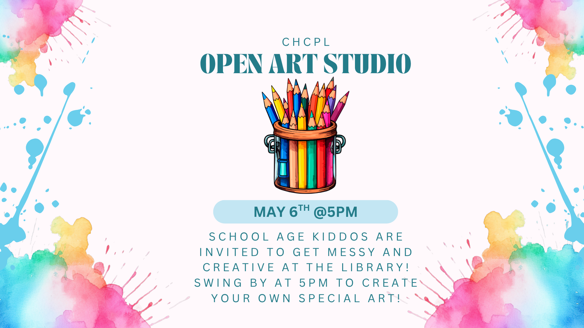 An Open Art Studio event for kids at the library on May 6th at 5 PM. Join to get creative and make art!