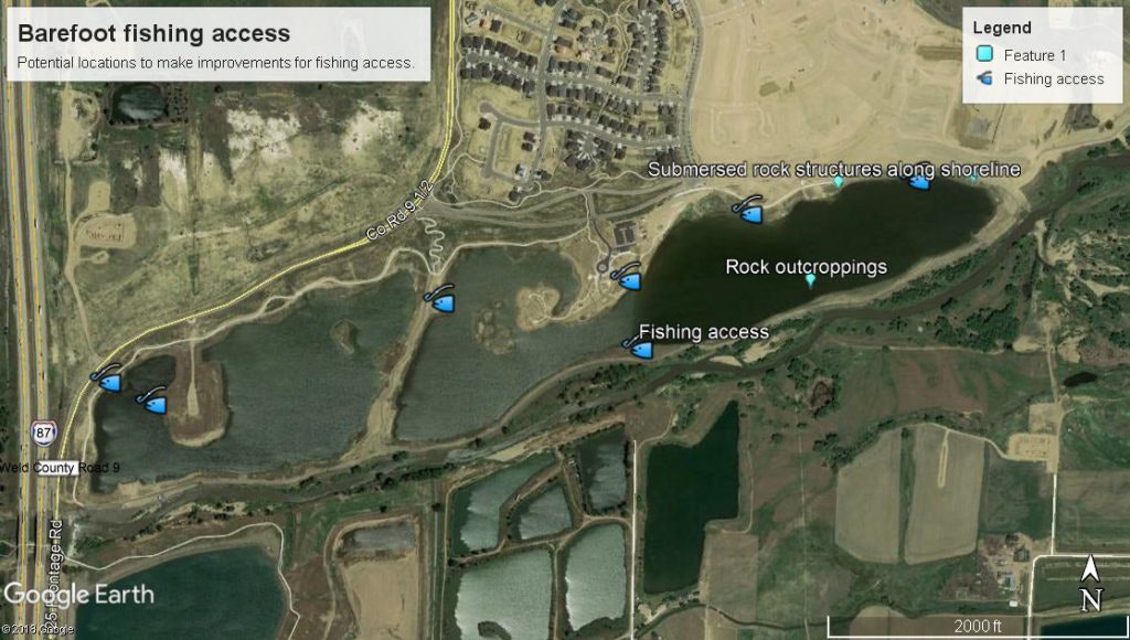 Aerial map highlighting fishing access points and submerged rock structures along a shoreline.
