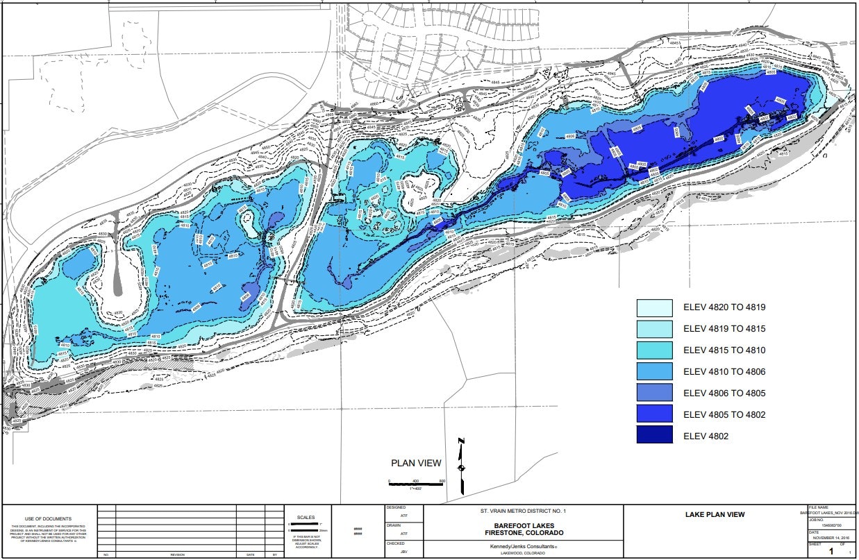 Lake elevation plan for Barefoot Lakes, Firestone, Colorado, showing color-coded elevation levels from 4820 to 4802.
