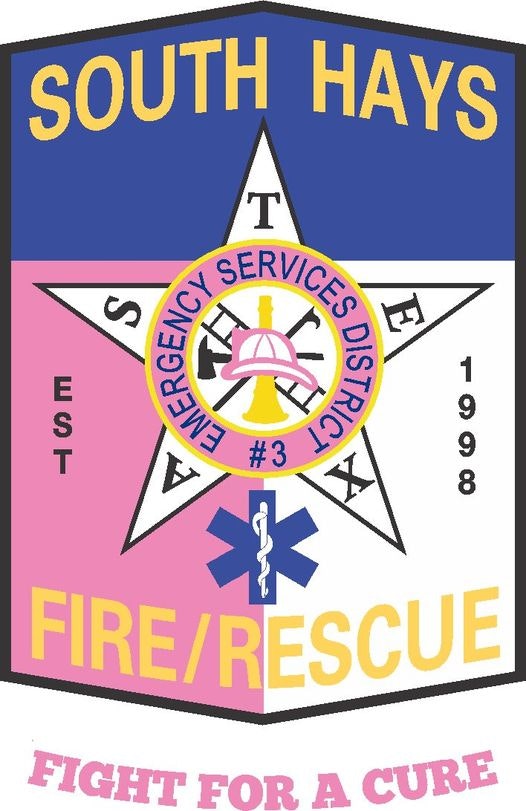 A logo for South Hays Fire/Rescue with a star, emergency symbols, "EST 1998," and "FIGHT FOR A CURE" text.