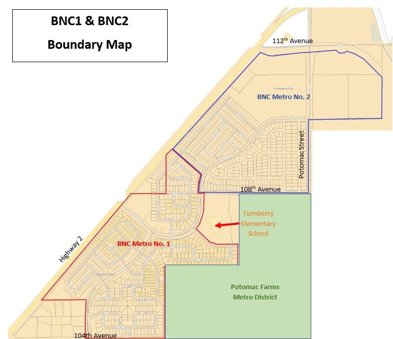 Map showing boundaries for BNC1 and BNC2, highlighting BNC Metro No. 1, BNC Metro No. 2, and Turnberry Elementary School.