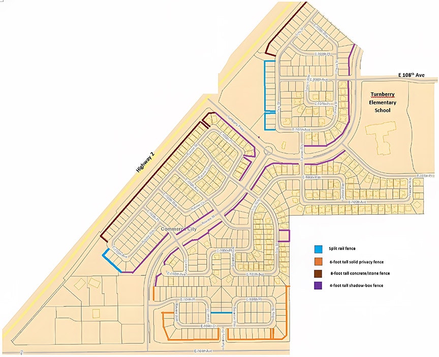 A map of a residential area in Commerce City, showing fence types and locations, with Turnberry Elementary School marked.