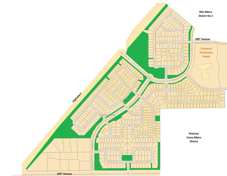 Map showing residential areas, streets, and notable points like Turnberry Elementary School in Commerce City.