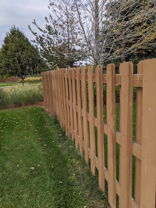 The image shows a wooden fence alongside a green lawn, with trees in the background under a gray sky.