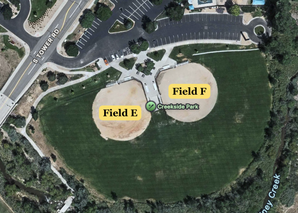 Aerial view of Creekside Park with Fields E and F, located near S Tower Rd and a creek.