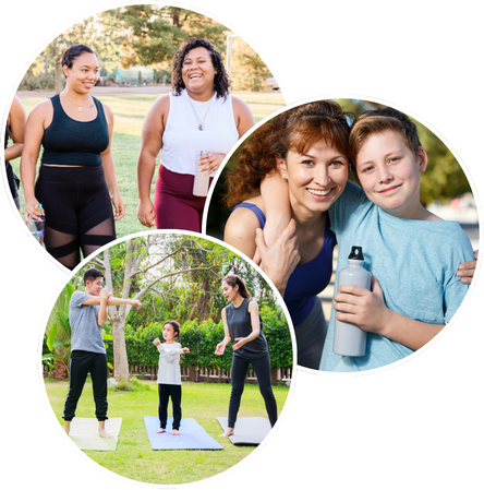Three groups of people enjoying outdoor fitness activities, smiling and posing with yoga mats and water bottles in a park.