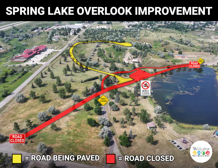 The image shows a map of Spring Lake Overlook improvements, indicating roads being paved and closed areas, including a beach and trail.