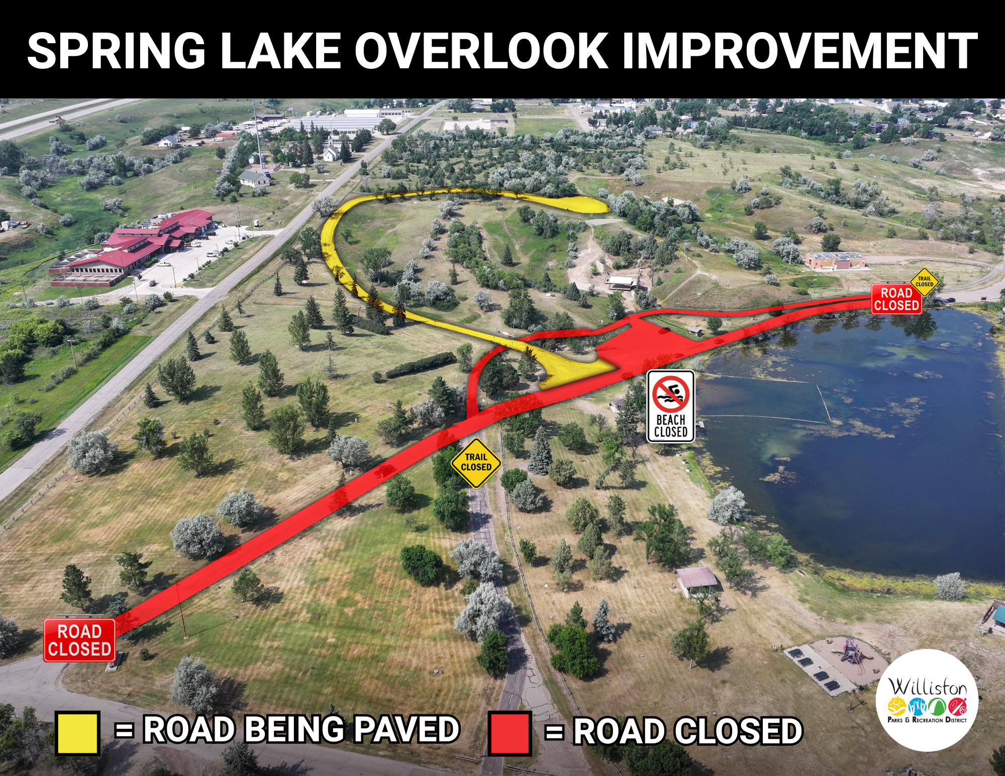 The image shows a map of Spring Lake Overlook improvements, indicating roads being paved and closed areas, including a beach and trail.