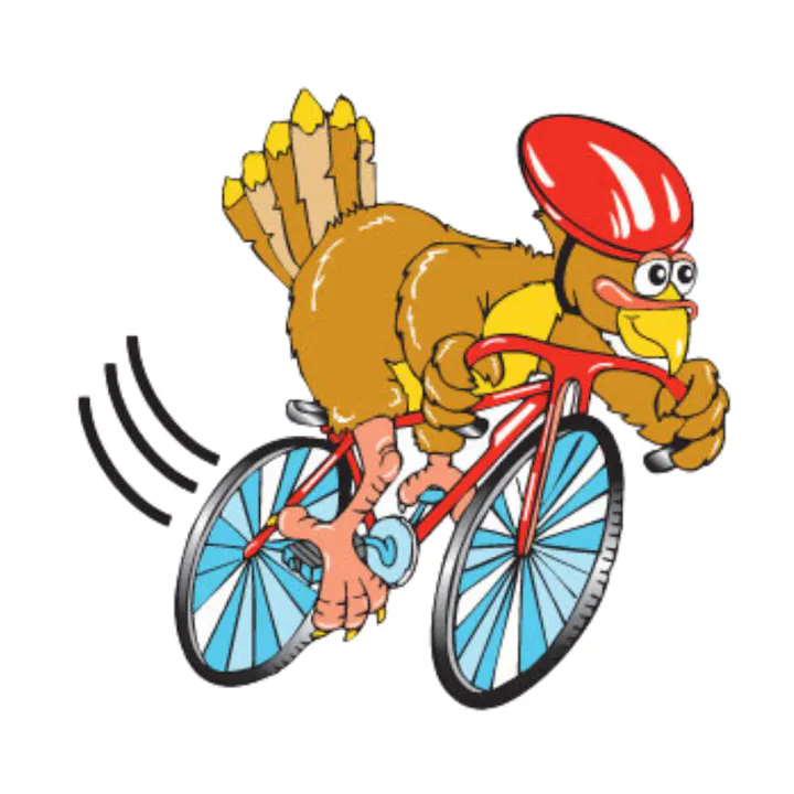 A cartoon turkey wearing a helmet and riding a bicycle, with motion lines indicating speed.