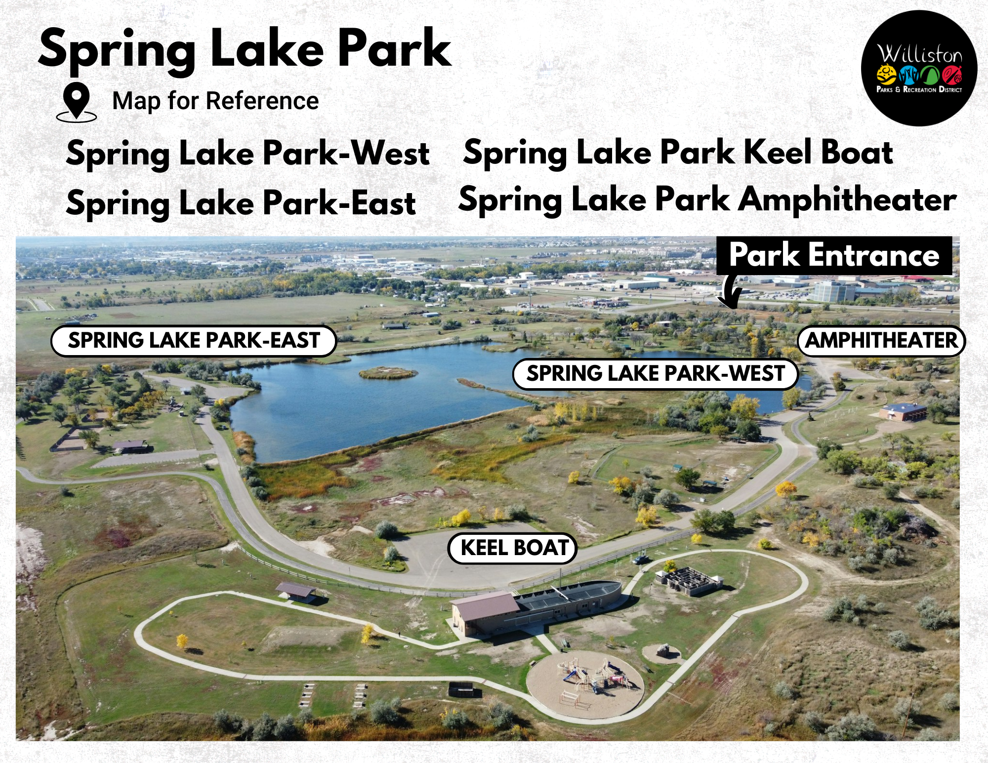 Aerial map view of Spring Lake Park, showing the east and west areas, amphitheater, keel boat, and park entrance.